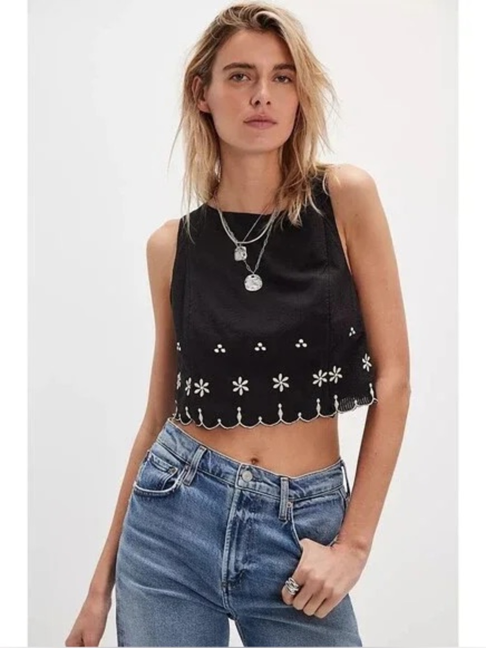 Free People Kayla Black Embroidered Top